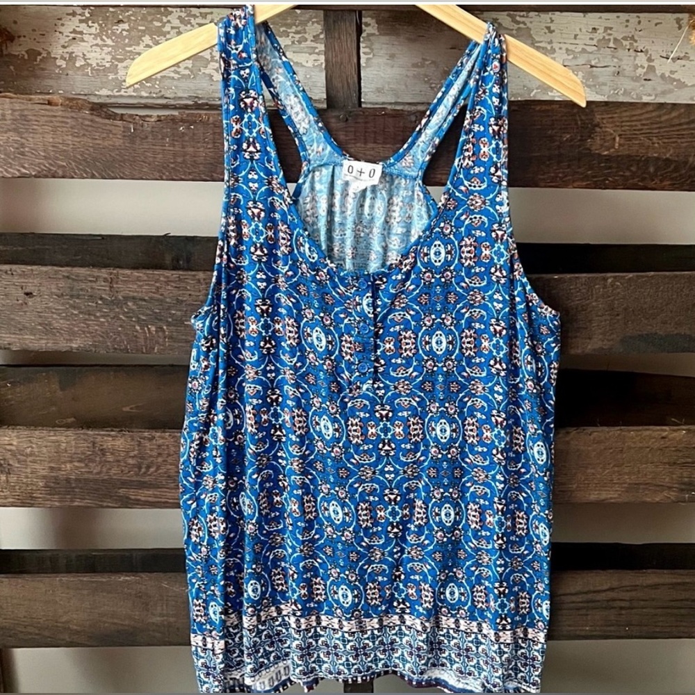 🟠0+0 Racerback Boho Tank in Blue/Orange Floral Print LG